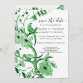 Klassiek groene witte Chinoiserie bloemmotief Save The Date (Voorkant / Achterkant)