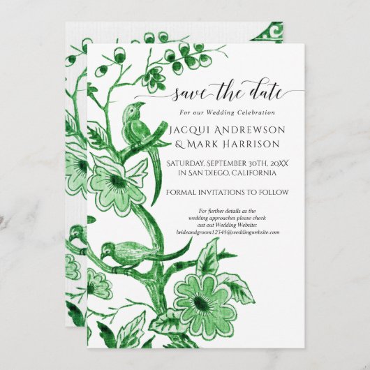 Klassiek groene witte Chinoiserie bloemmotief Save The Date (Voorkant / Achterkant)