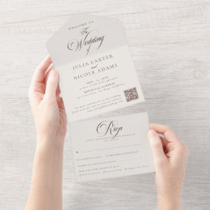 Klassiek Ivoor Bruine Calligrafie Bruiloft All In One Uitnodiging