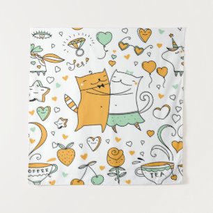 Klassiek kattenkoppel: naadloze pictogrammen. wandkleed