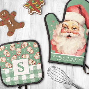 Klassiek Kerstman Gezicht Groen Gingham Monogram Ovenwant & Pannenlap Set