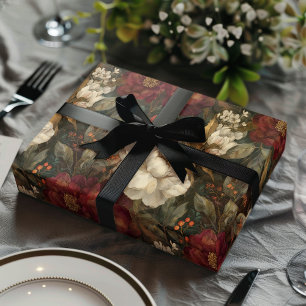 Klassiek Kerstmis Rood en Crème Winter Bloemmotief Cadeaupapier