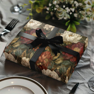 Klassiek Kerstmis Rood en Winter Wit Bloemmotief Inpakpapier Vel