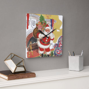 Klassiek Kerstmis, vrolijke Kerstman met cadeaus Vierkante Klok
