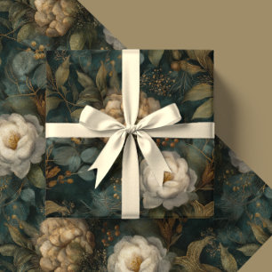 Klassiek Kerstmis Winter Groen en Crème Bloemen Cadeaupapier