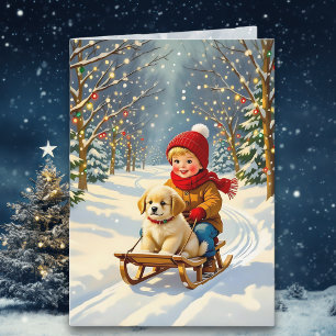 Klassiek Kerstscène, Jongen op slee met puppy Kaart