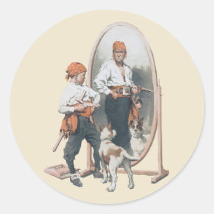 Klassiek kind, jongenspiraat, hond, spiegel, boeka ronde sticker