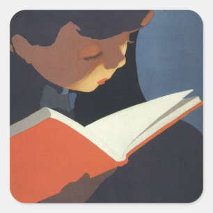 Klassiek kind leest een boek uit de bibliotheek vierkante sticker