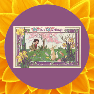 Klassiek kind op een paaseierenjacht met dieren ronde sticker