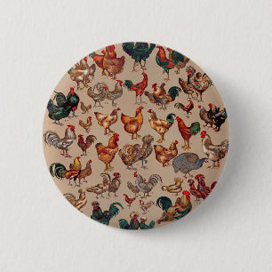 Klassiek Kippenpatroon met Haan: Boerderij Kunst Ronde Button 5,7 Cm