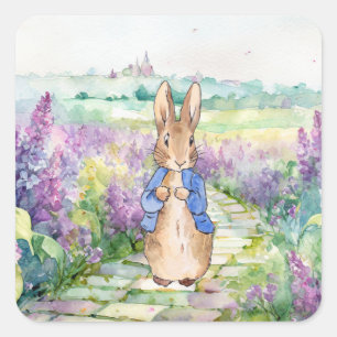 Klassiek konijn blauwe jas met waterverf lila bloe vierkante sticker