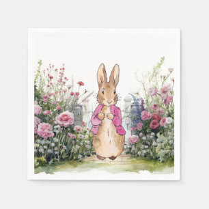 Klassiek konijn in roze jas in zijn tuin servet