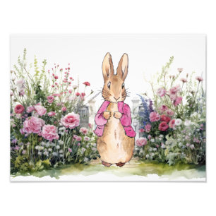 Klassiek konijn roze jas in zijn tuin foto afdruk