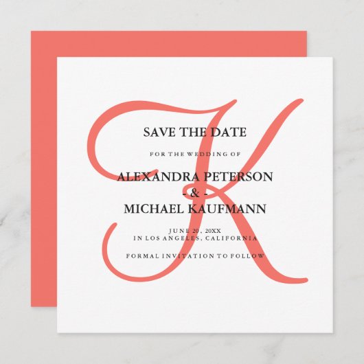 Klassiek koraal monogram sparen de Datum Save The Date (Voorkant / Achterkant)
