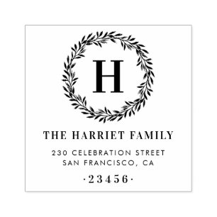 Klassiek krans monogram familienaam retouradres 	rubberstempel