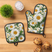 Klassiek madeliefpatroon witte bloemenvelden groen ovenwant & pannenlap set (Top down)