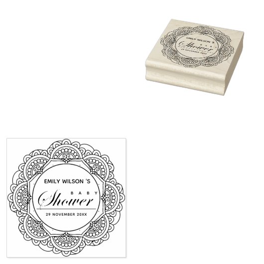 KLASSIEK  MANDALA CUSTOM SCRIPT BABY SHOWER 	RUBBERSTEMPEL (Gestempeld)