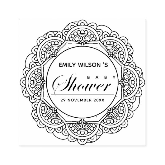KLASSIEK  MANDALA CUSTOM SCRIPT BABY SHOWER 	RUBBERSTEMPEL (Afrduk)
