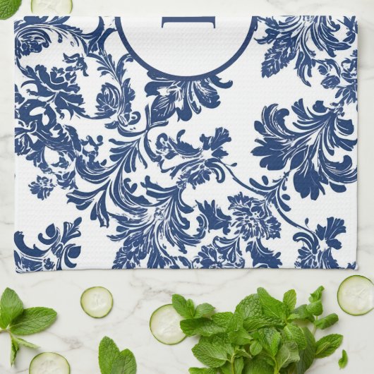 Klassiek marineblauw damast patroon theedoek (Gevouwen)