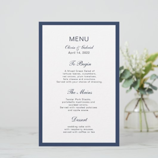 Klassiek marineblauw Lijst. Menu Elegant bruiloft (Staand voorkant)