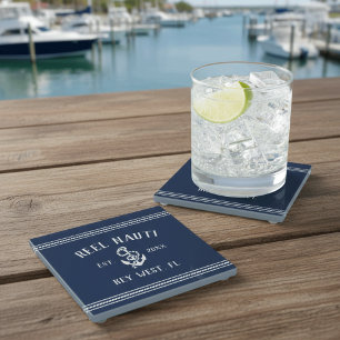 Klassiek marineblauw Rustieke Anker Boot Naam Glazen Onderzetter