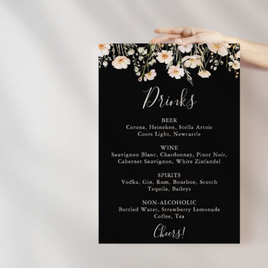 Klassiek menu met wilde bloemen en zwarte trouwdra poster