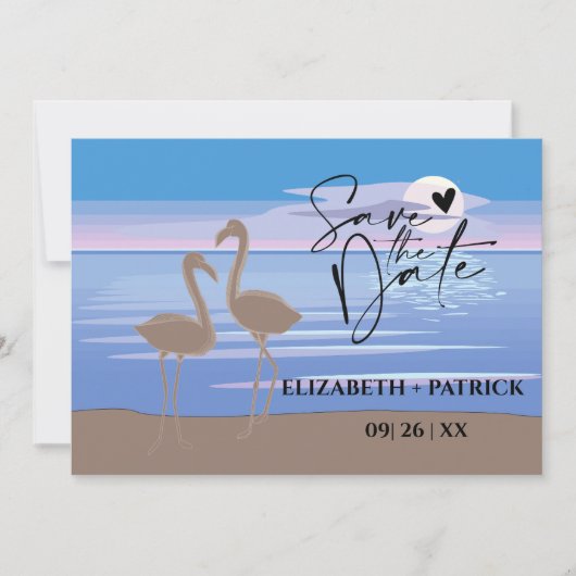 Klassiek minimalistisch, zonsondergang, flamingo's save the date (Voorkant)