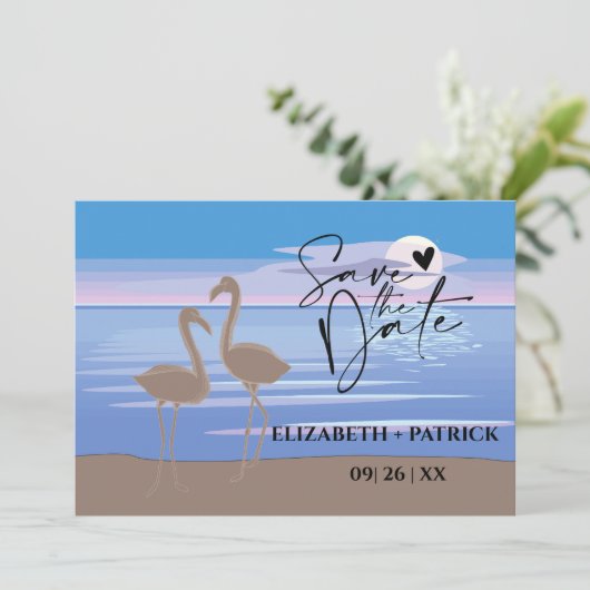 Klassiek minimalistisch, zonsondergang, flamingo's save the date (Staand voorkant)