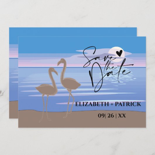 Klassiek minimalistisch, zonsondergang, flamingo's save the date (Voorkant / Achterkant)