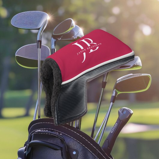 Klassiek modern monogram en naam rood golfheadcover