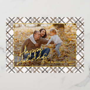 Klassiek modern taupe bruin beige ruitpatroon goud folie feestdagenkaart