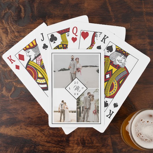 Klassiek monogram 3 foto grid collage bruiloft pokerkaarten