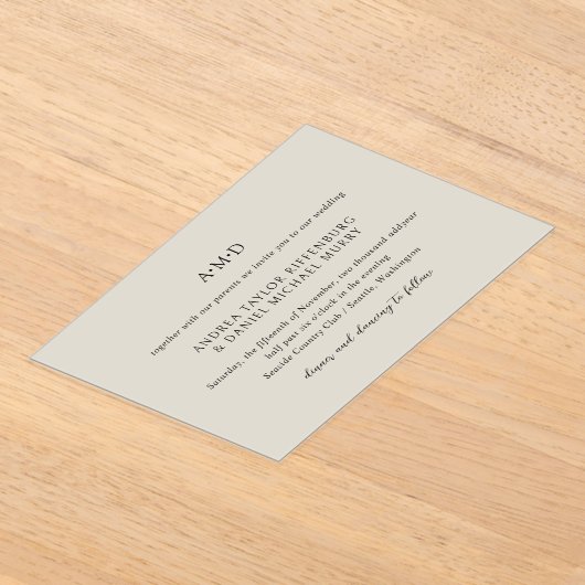 Klassiek Monogram Beige Formele Elegante Bruiloft Acryl Uitnodigingen (Laagn)