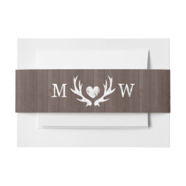 Klassiek monogram houtnerf hertenhoorn trouwfeest uitnodigingen wikkel