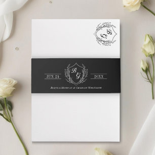Klassiek monogram kam krans zwart uitnodigingen wikkel