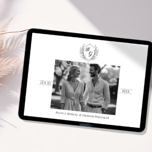 Klassiek monogram kam zwart-wit save the date