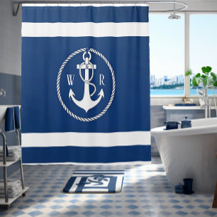 Klassiek Monogram Navy Blauw en Wit Maritiem Douchegordijn