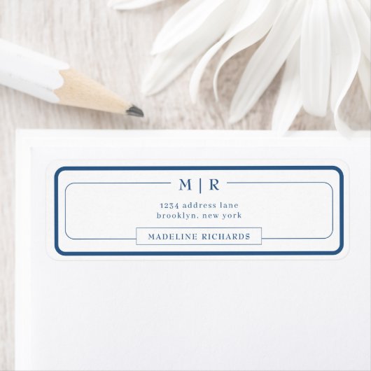 Klassiek Monogram Navy Blauwe Rand Adres Etiket (Insitu)