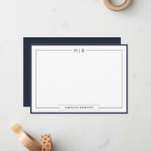 Klassiek Monogram Navy Blue Border Stationery Notitiekaartje (Voorkant / Achterkant in situ)