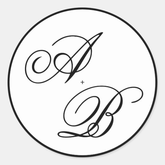 Klassiek Monogram Script Zwart & Wit Trouwen Ronde Sticker (Voorkant)