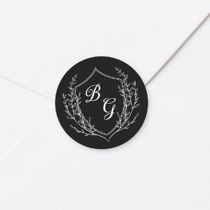Klassiek monogram trouwtop zwart en wit ronde sticker