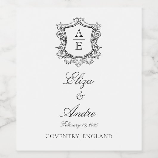 Klassiek Monogram Zwart-wit Bruiloft Wijn Lab Wijn Etiket (Enkel label)