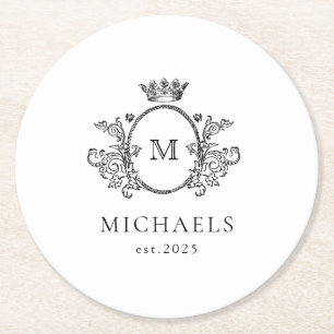 Klassiek Monogram Zwart-wit Rond Document Kolen Ronde Kartonnen Onderzetter