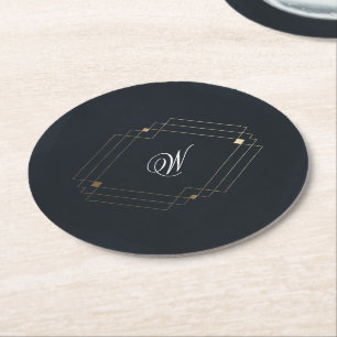 Klassiek Navy Blauw Calligrafie Monogram Trouwfees Ronde Kartonnen Onderzetter