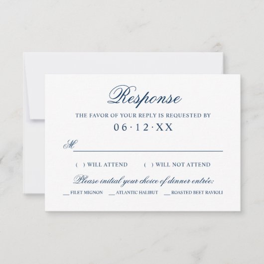 Klassiek Navy-blauw Trouwmaaltijd Keuze Schrift RSVP Kaartje (Voorkant)