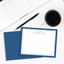 Klassiek Navy Blauw Twee Rand Monogram Gelinieerd Notitiekaartje