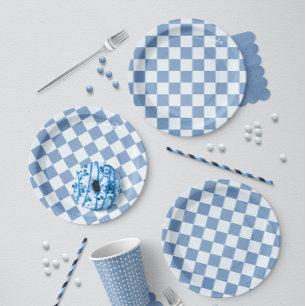 Klassiek Navy Blauw & Wit Gingham Picknick Papieren Bordje