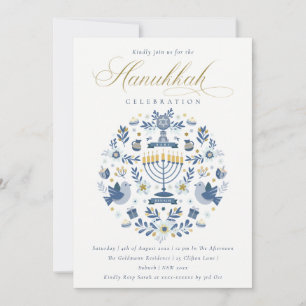 Klassiek Navy Blauwe Hanukkah Bloemrijke Feest Feestdagenkaart