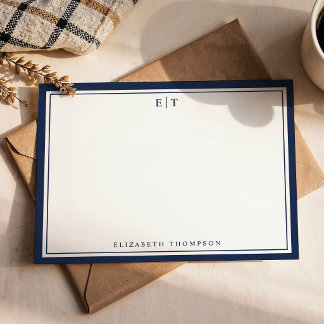 Klassiek Navy Blauwe Monogram Naam Rand Notitiekaartje