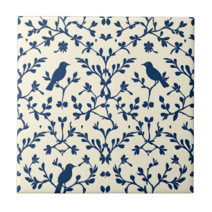 Klassiek Navy Blauwe Vogel Damast Toile Silhouet Tegeltje